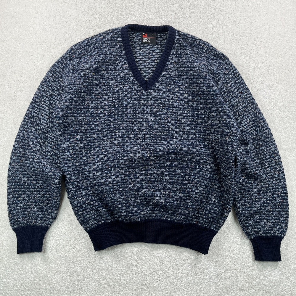Vtg 70's Robert Bruce Wool VNeck Sweater Mens Large Blue Tweed Speckled Knit USA